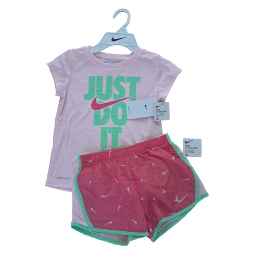 Nike Girls Dri FIT Shorts & Tee Shirt Short Set NWT Size 6 X Laser Fuchia - Picture 2 of 4